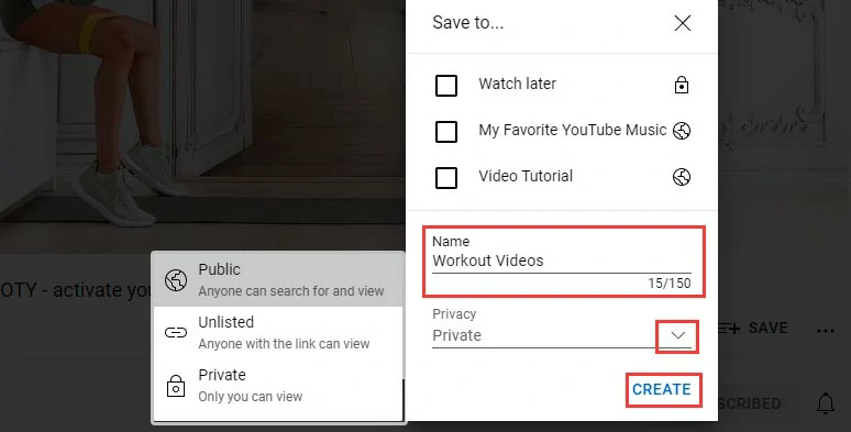 Add a title and set privacy settings to the new YouTube playlist