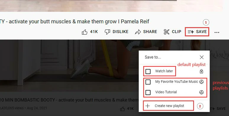 Click the save button to create a new YouTube playlist for videos you like on YouTube