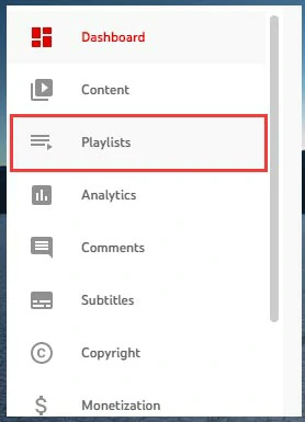 Select Playlists option in YouTube Studio