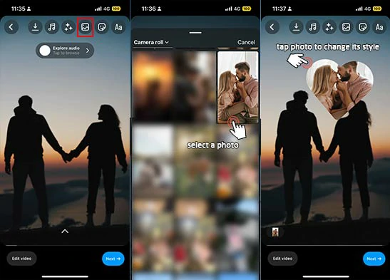 Import a photo to collage reel and tap the imported photo to change its style