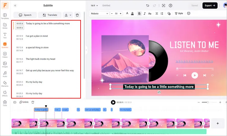 Make Glowing Lyrics Using FlexClip's Auto Subtitle - Generated Lyrics Subtitle