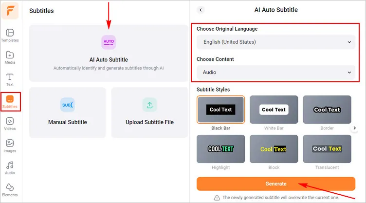 Make Glowing Lyrics Using FlexClip's Auto Subtitle - Extract Lyric Subtitle