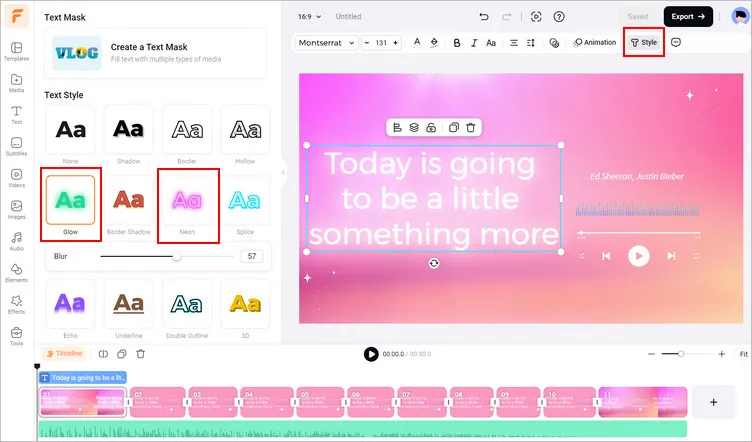 Make Glowing Lyrics Using FlexClip's Text Editor - Style