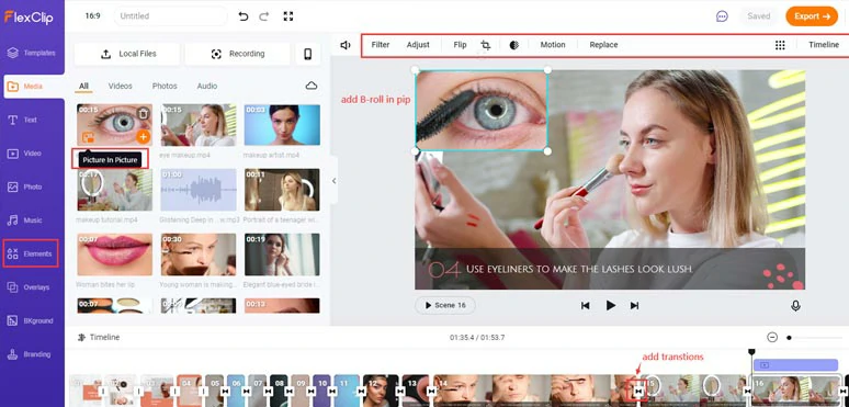 Add picture-in-picture effects and transitions to makeup tutorial videos