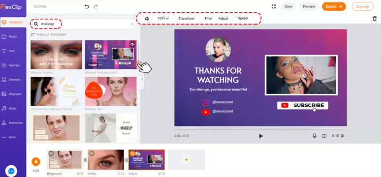 Select and customize an intro and outro for a makeup video