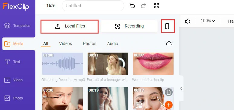 Upload makeup footage, images, and audio files to FlexClip