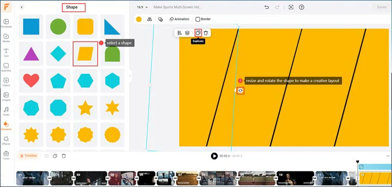 Select a shape and resize and rotate it to make a creative layout for multi-screen video