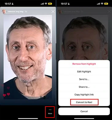 Tap the Convert to Reel button to turn the Story highlight to a Reel
