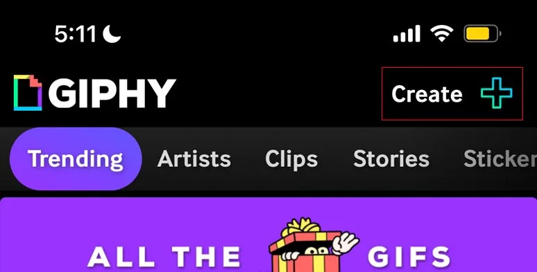 Tap the “Create +” button on GIPHY