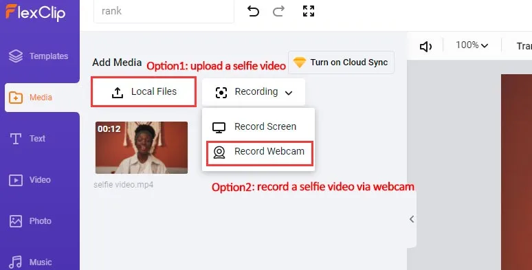 Upload your selfie videos or record a selfie video via FlexClip’s webcam recorder