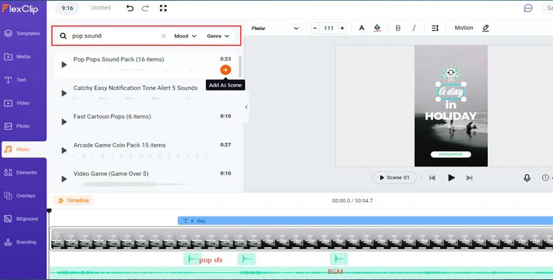 Add royalty-free music and sound effects to the video
