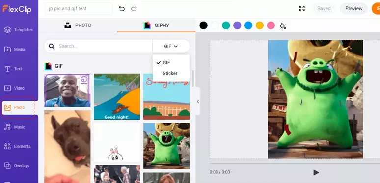 Explore the vast GIPHY’s GIFs and Stickers Assets with FlexClip GIF maker
