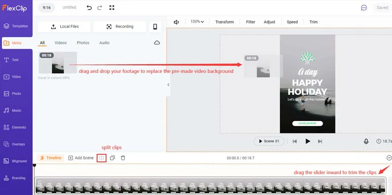 Replace the premade video background with your footage and trim and split clips