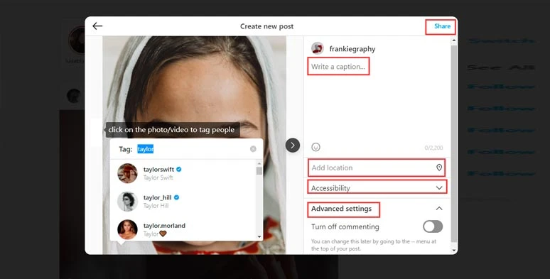 add captions and locations and tag people and use other advanced settings 