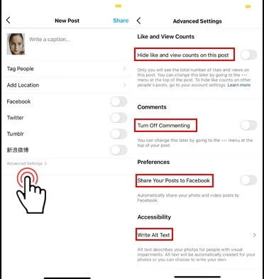 Use advanced settings to share posts both on Instagram and Facebook or turn off commenting, etc. 