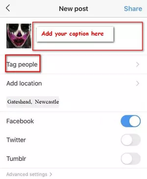 Add a caption to Instagram and tag people