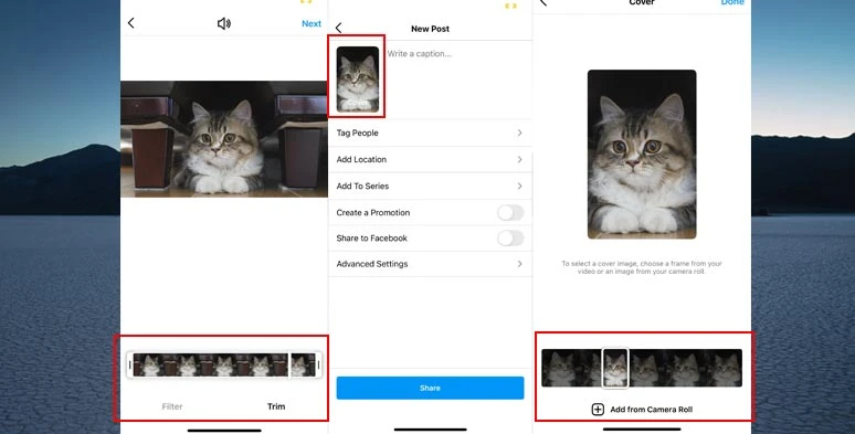 Post a video on Instagram: trim it and add photo cover 