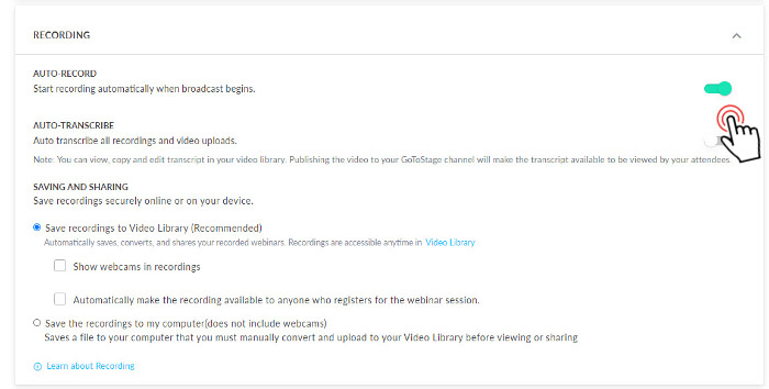 Switch on/off the auto-recording button on GoToWebinar