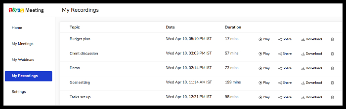 Find recordings in Zoho Meeting 