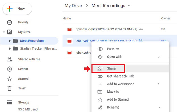 Find your recording and get a sharable link in Google drive