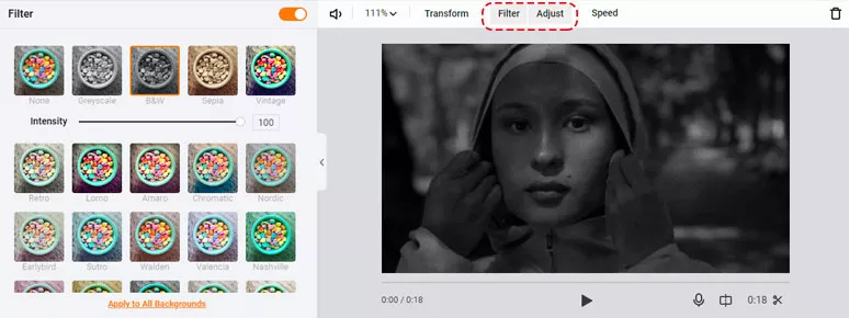 Use filter and adjustment tool to darken the video background