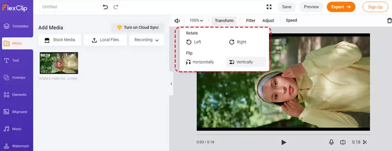 Rotate a video using the transform tool by FlexClip