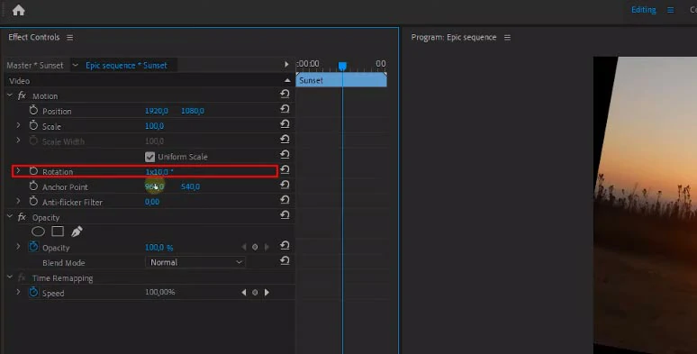 Adjust rotation property in Effect Controls by Premiere 