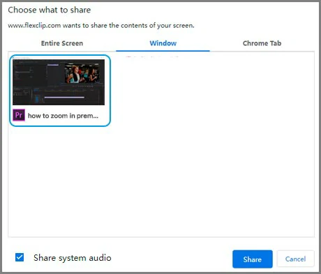 Select the entire screen, a window or a chrome tab for screen recording