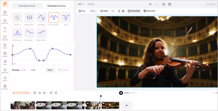 Reduza a duração do vídeo sem cortar utilizando a funcionalidade Curva de velocidade