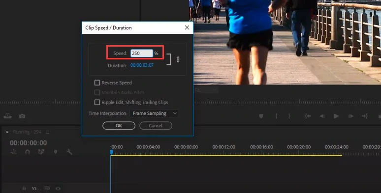 Increase the percentage of the playback speed to speed up a video