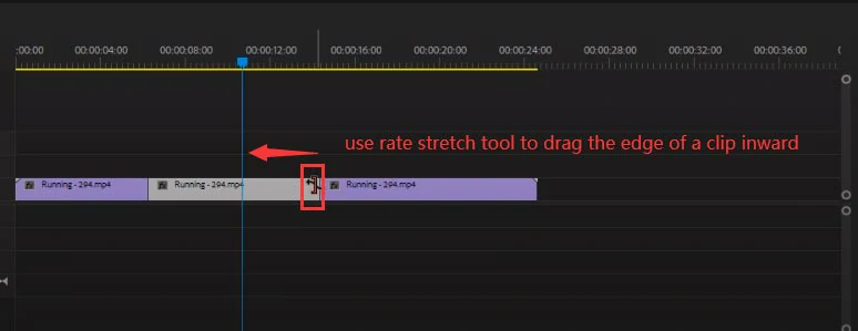 Use Rate Stretch Tool to drag the edge of a clip inward to speed up a video 