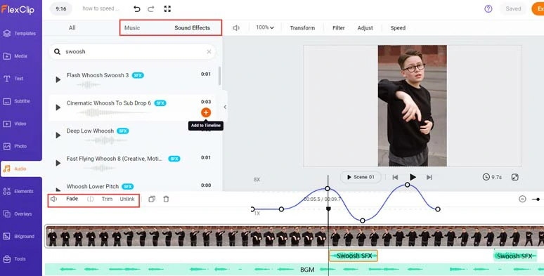 Add swoosh transition sound effects and upbeat music to highlight speech change and create vibes in your TikTok videos