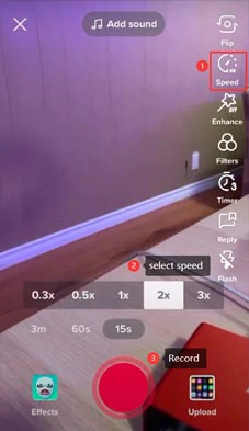 Tap the speedometer icon and set the speed for the TikTok video when recording
