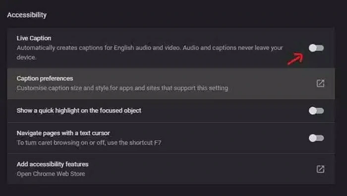 Turn off Live Caption on Chrome