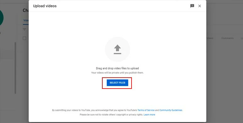 Pop-up window to upload video files to YouTube