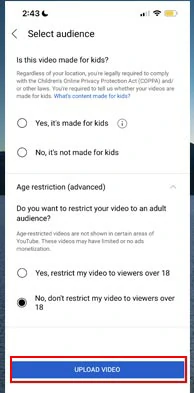 Select audience and upload a YouTube video