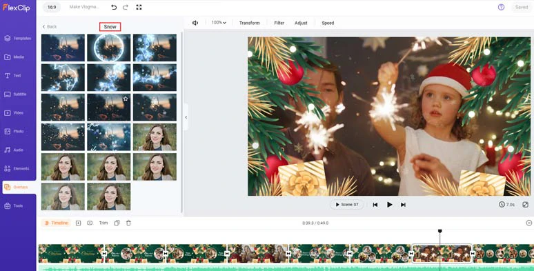 Use creative snow effect overlays to create vibes for Vlogmas