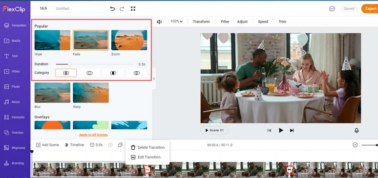 Add video transition to zoom in effect and set time