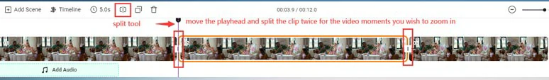 Use split tool to cut off the start and end of the zoom in effect