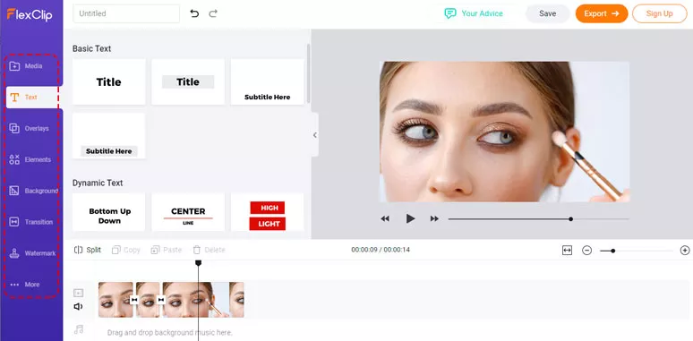 Use the versatile video tools and huge stock assets on the left toolbar