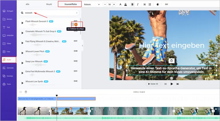 Füge filmische Übergangssoundeffekte wie Aufprall, „Swoosh“ und Steigung für Sport-Promo-Videos hinzu