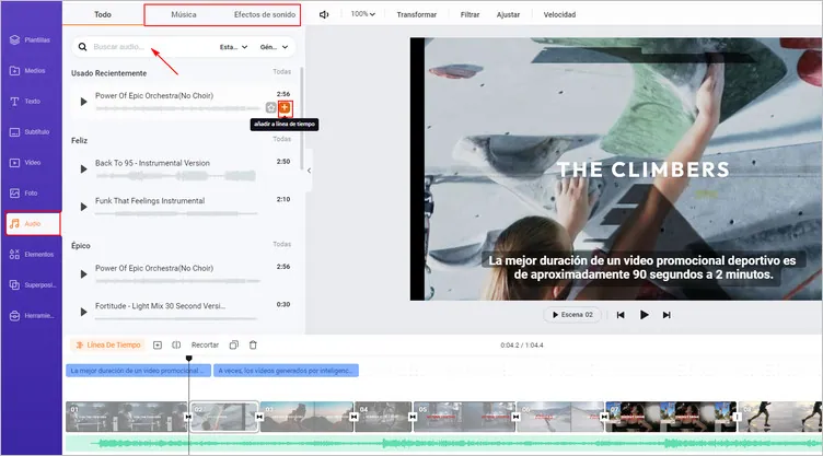 Añade canciones animadas y emocionantes para crear la atmósfera adecuada en los videos de promocíon deportiva