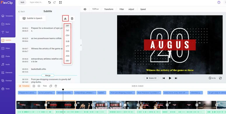 Easily split or merge subtitles or download subtitles in SRT and other formats for repurposings