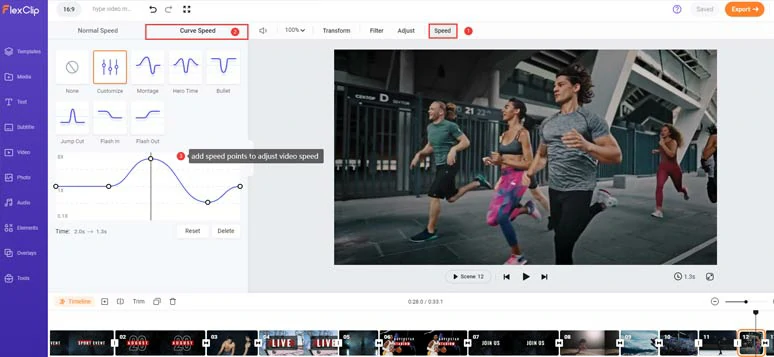 Use the speed curve to adjust the speed of sports hype video for dramatic visual effects
