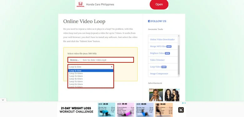 Upload Video to FileConverto and Select the Loop Times