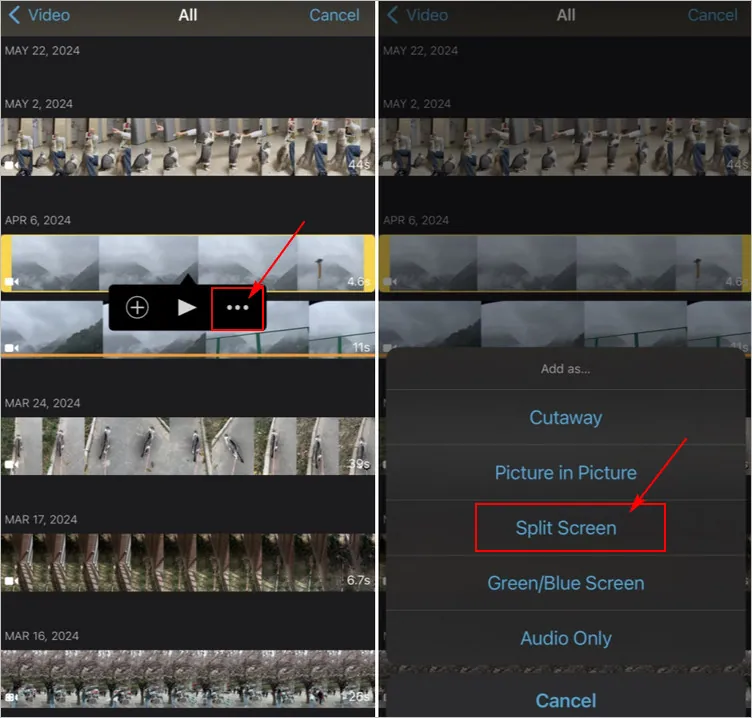 Split Screen to Side by Side Video in iMovie on iPhone