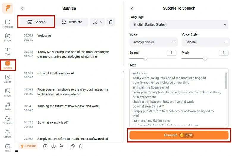 Make Settings of the Subtitle to Speech Process