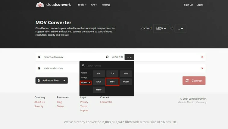 Choose MP4 as the Output Format in CloudConvert