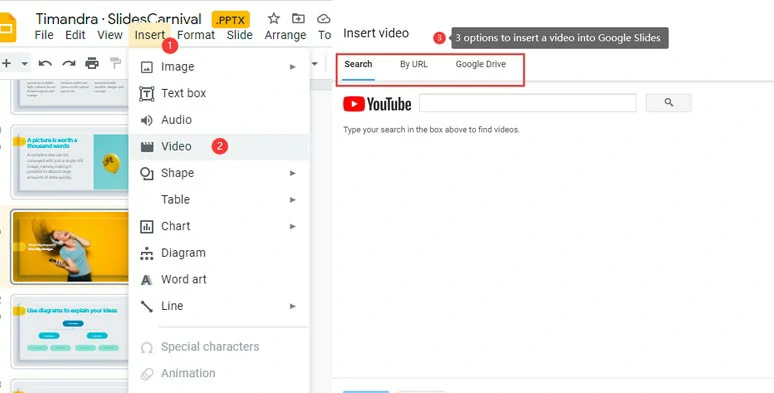 3 options to insert a video into Google Slides