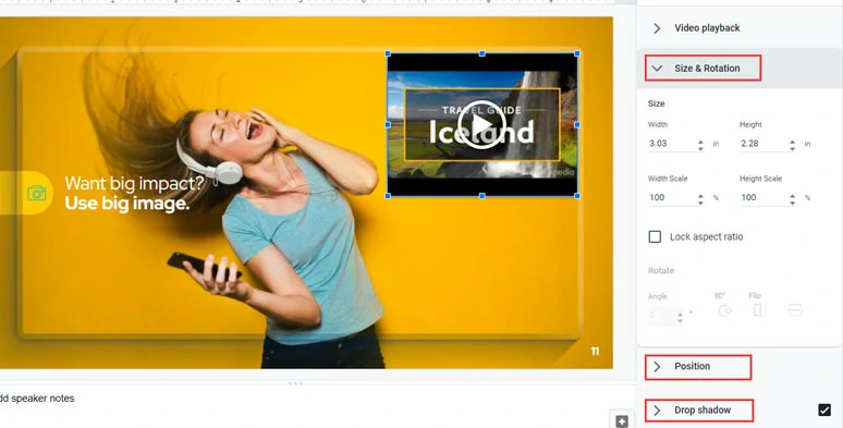 Other options to adjust details of inserted video in Google Slides 
